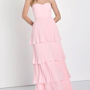 Strapless Pink Tiered Pleated Long Prom Dress